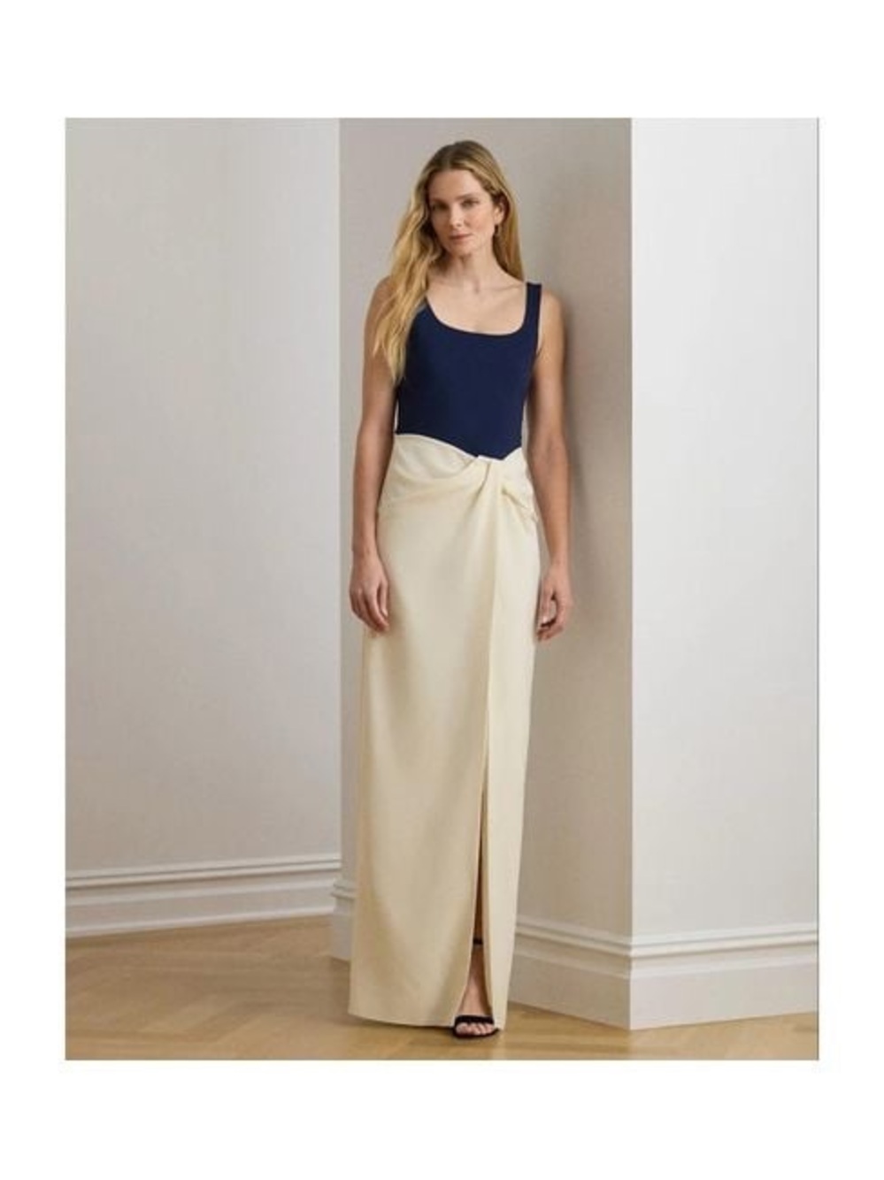 Lauren Ralph Lauren Navy and Cream Knot-Front Maxi Skirt